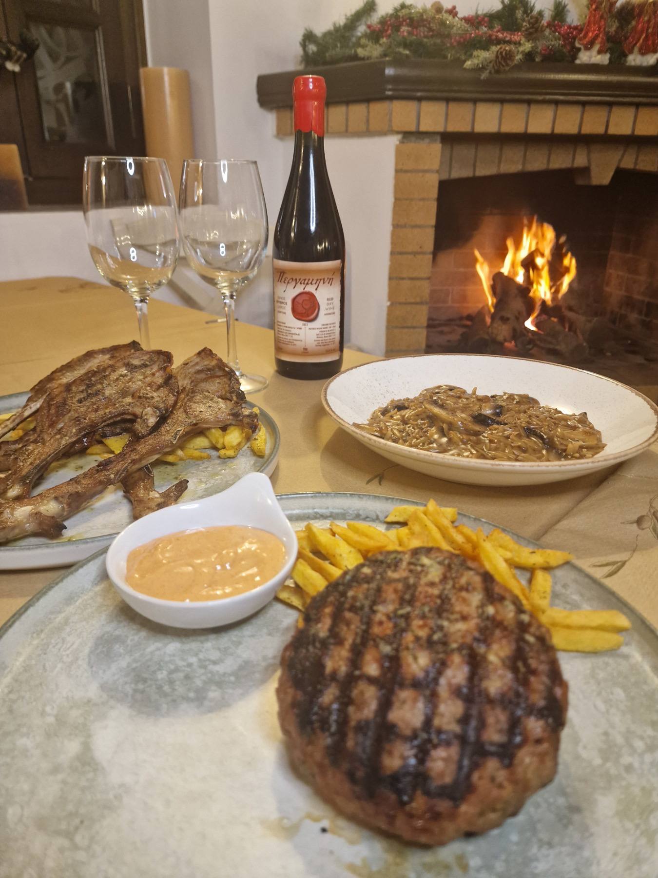 Dinner by the fireplace with wine